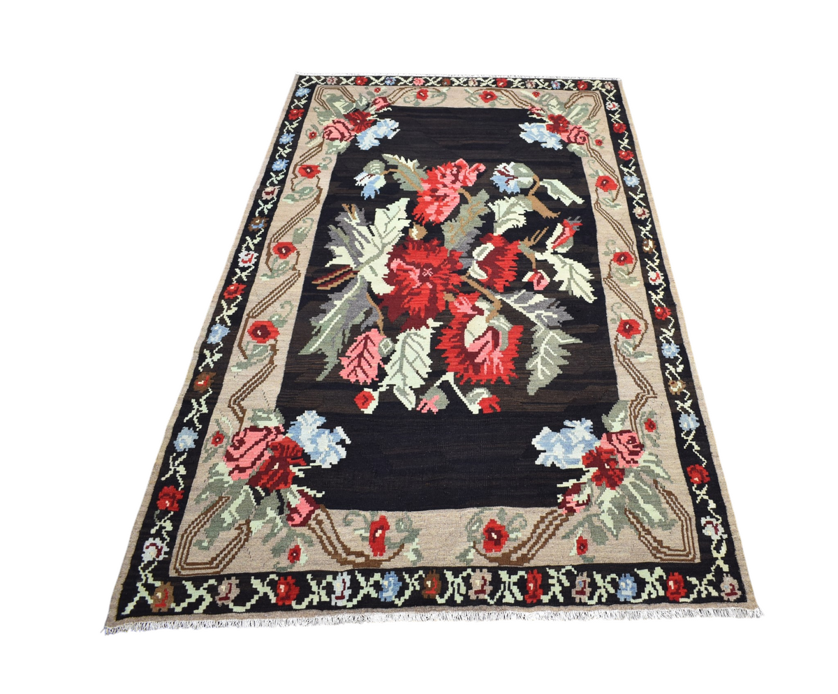 El Dokuma Güllü Çiçekli Kirmen Karabağ Yün Kilim 7536