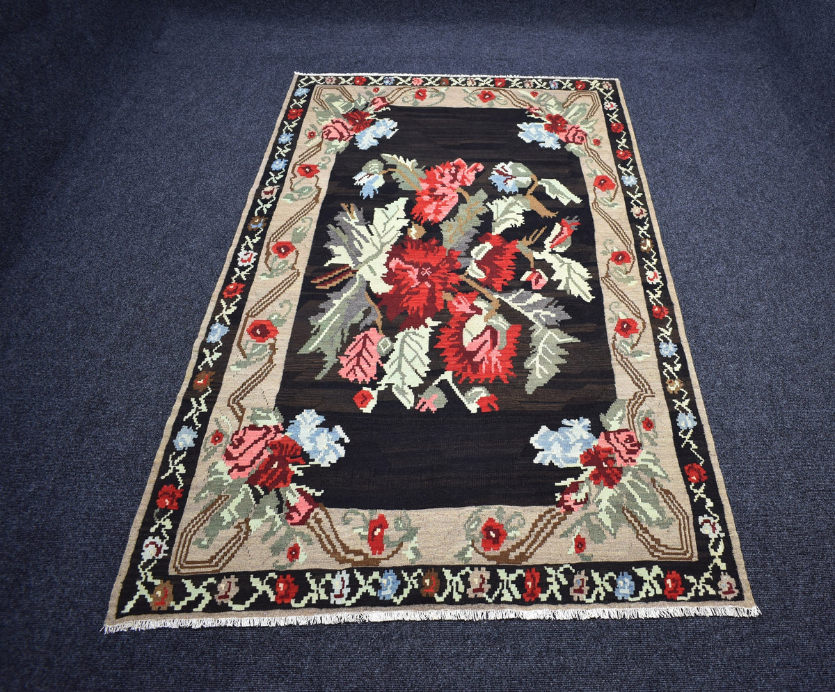 El Dokuma Güllü Çiçekli Kirmen Karabağ Yün Kilim 7536