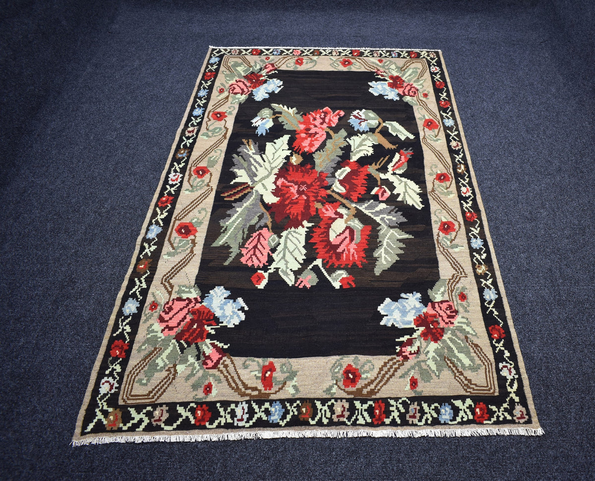 El Dokuma Güllü Çiçekli Kirmen Karabağ Yün Kilim 7536