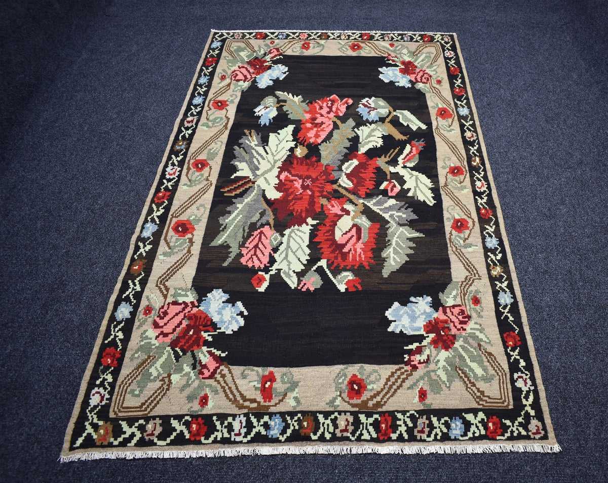 El Dokuma Güllü Çiçekli Kirmen Karabağ Yün Kilim 7536