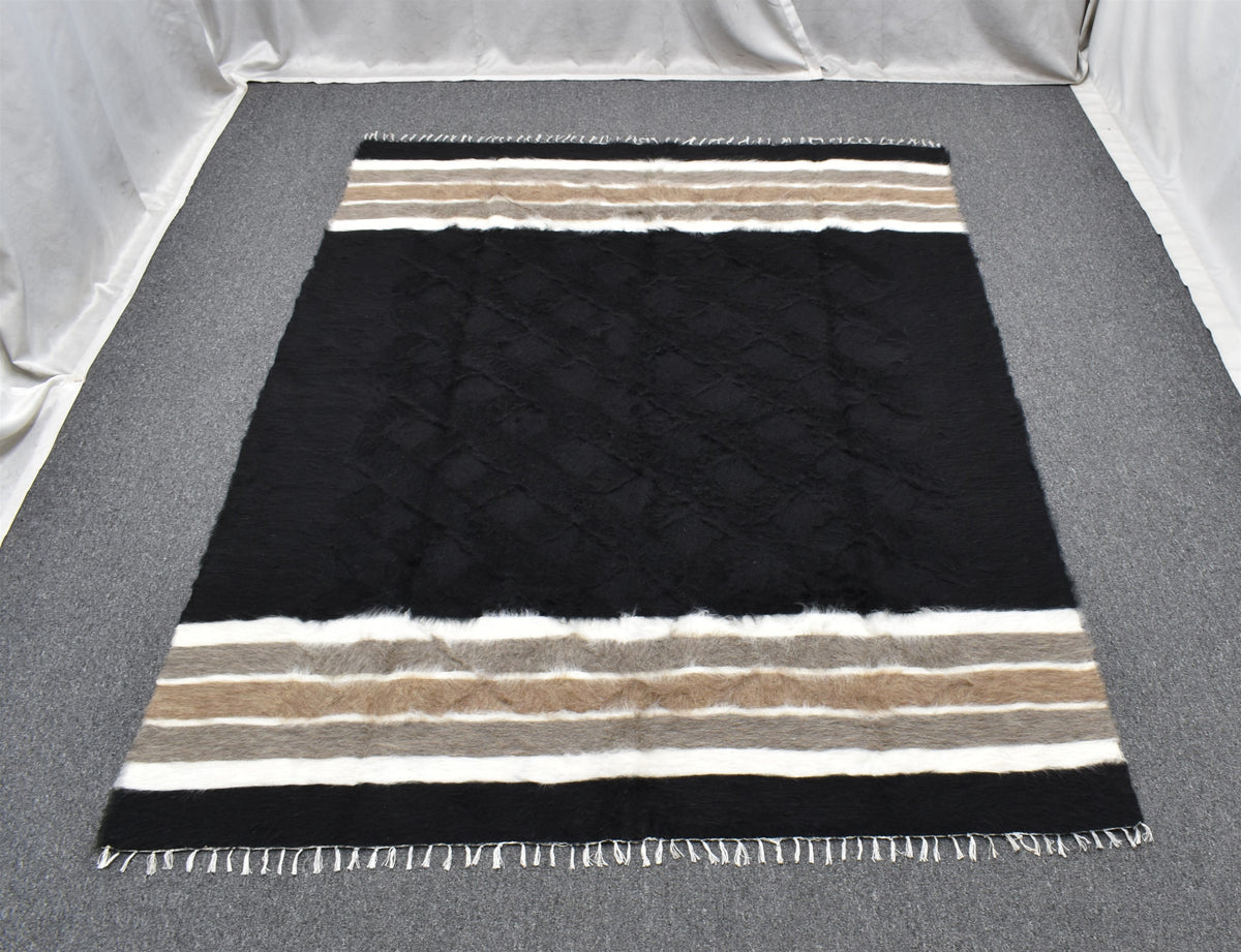 Yeni El Dokuma Siyah Dikişsiz Çift Kişilik Yün Tiftik Siirt Battaniyesi Kilim 7624