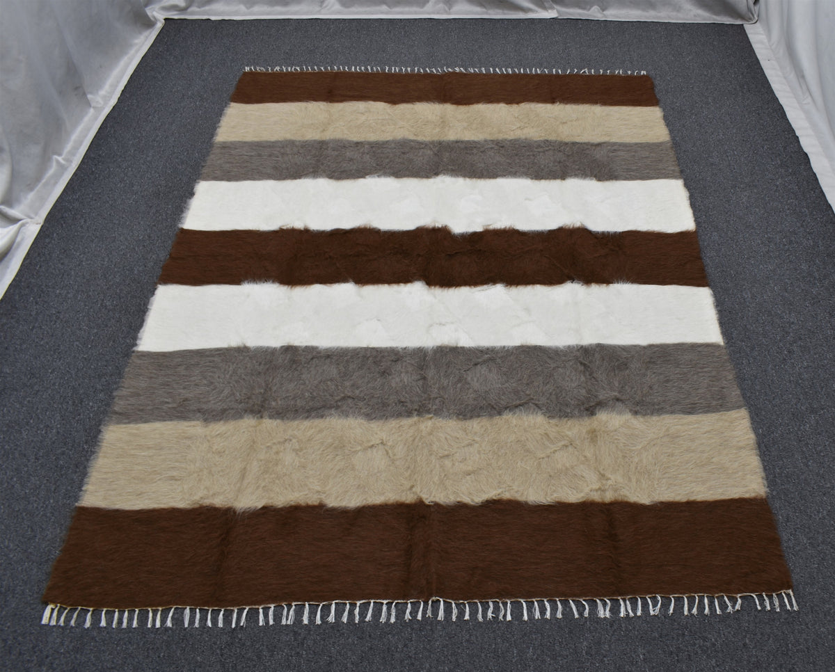 Yeni El Dokuma Çok Renkli Dikişsiz Çift Kişilik Yün Tiftik Siirt Battaniyesi Kilim 7627