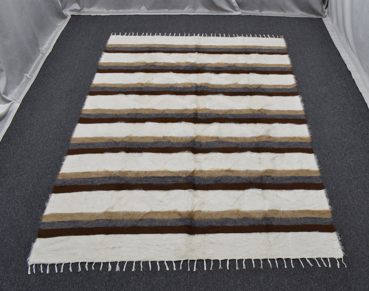 Yeni El Dokuma Çizgili Dikişsiz Çift Kişilik Yün Tiftik Siirt Battaniyesi Kilim 7629
