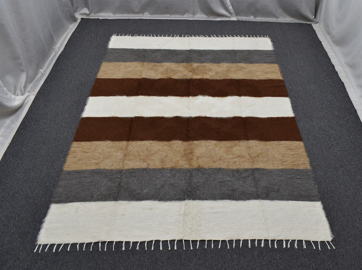 Yeni El Dokuma Çubuklu Dikişsiz Çift Kişilik Yün Tiftik Siirt Battaniyesi Kilim 7631