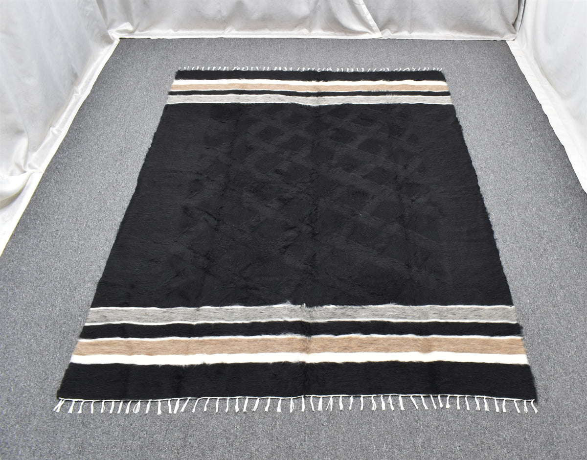 Yeni El Dokuma Siyah Dikişsiz Çift Kişilik Yün Tiftik Siirt Battaniyesi Kilim 7634