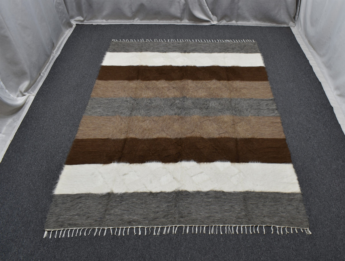 Yeni El Dokuma Geniş Çizgili Dikişsiz Çift Kişilik Yün Tiftik Siirt Battaniyesi Kilim 7636