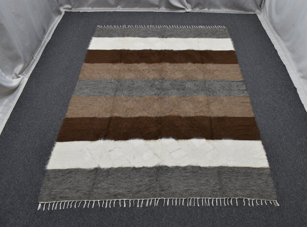Yeni El Dokuma Geniş Çizgili Dikişsiz Çift Kişilik Yün Tiftik Siirt Battaniyesi Kilim 7636
