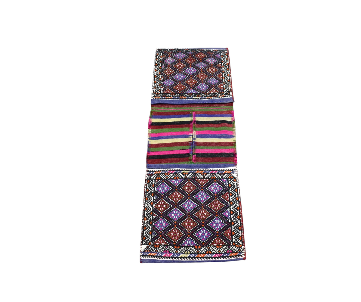 El Dokuma Çift Gözlü Balıkesir Yörük Yün Kilim Heybe 7638