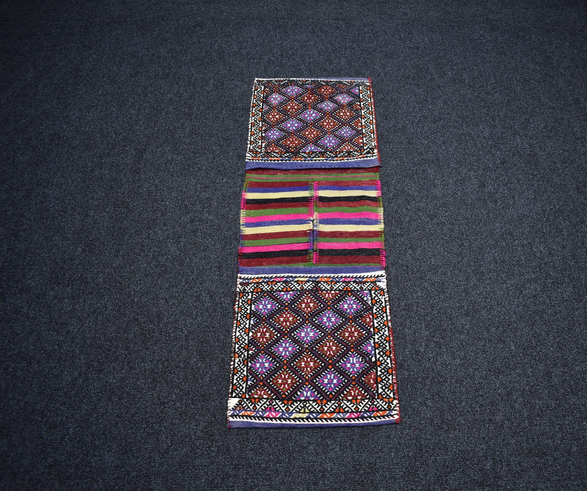 El Dokuma Çift Gözlü Balıkesir Yörük Yün Kilim Heybe 7638