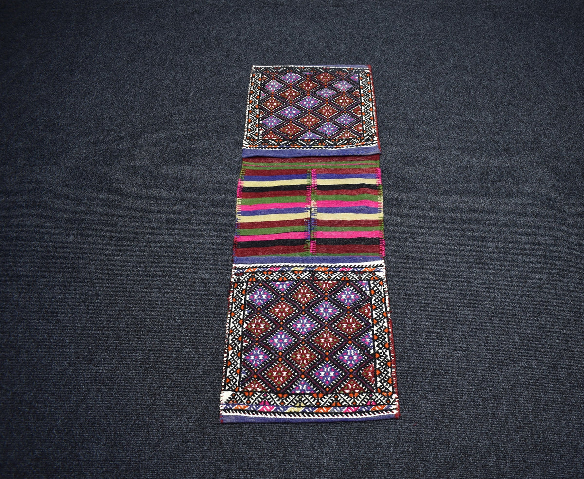 El Dokuma Çift Gözlü Balıkesir Yörük Yün Kilim Heybe 7638