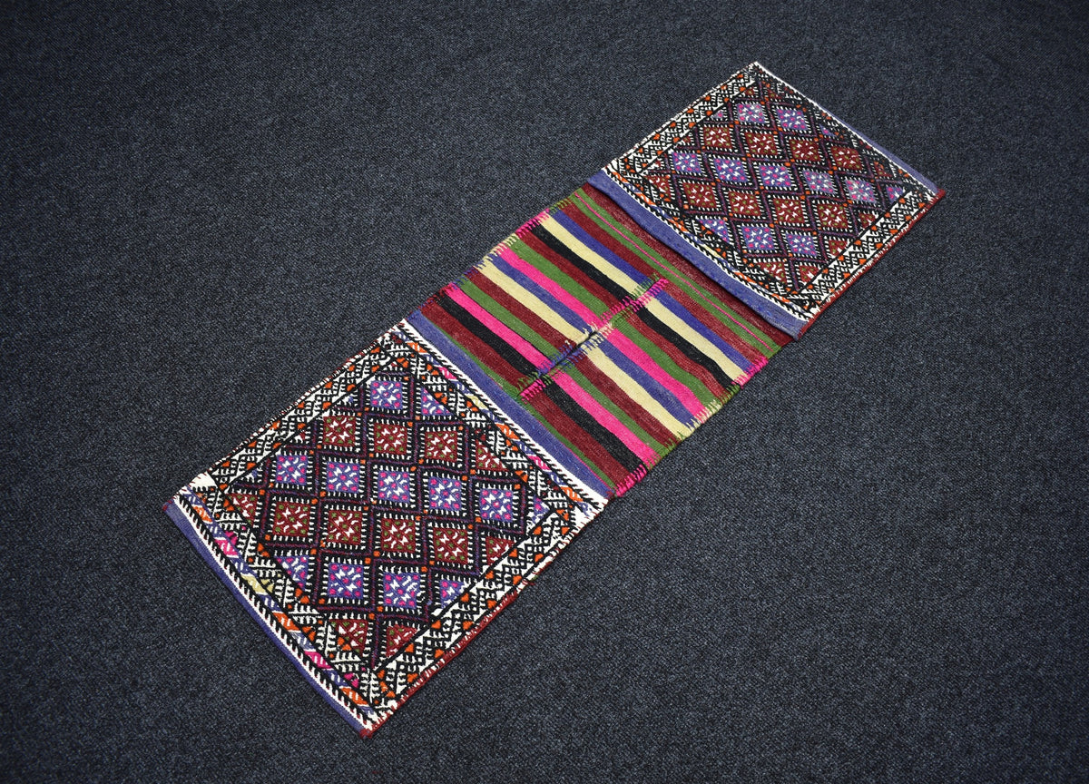 El Dokuma Çift Gözlü Balıkesir Yörük Yün Kilim Heybe 7638