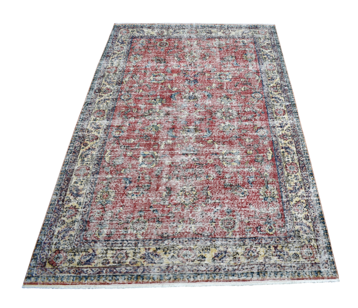 Vintage 4m2 El Dokuma Serpme Çiçekli Kırmızı Eskitme Lüks Yün Salon Halısı 7755