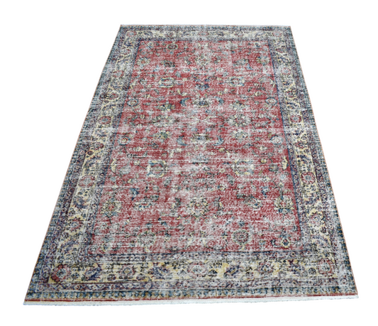 Vintage 4m2 El Dokuma Serpme Çiçekli Kırmızı Eskitme Lüks Yün Salon Halısı 7755