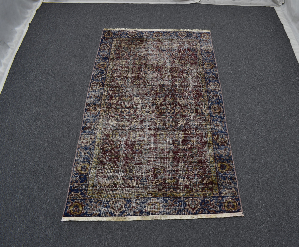 Vintage El Dokuma Nadir İnce Çiçekli Bordo Yün Halı 7759