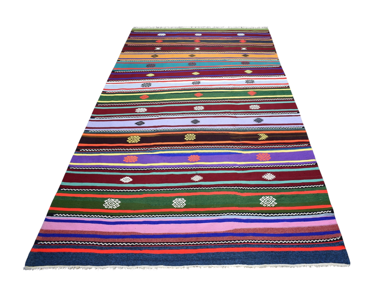 Yeni El Dokuma 7m2 Capcanlı Rengarenk Çubuklu Balıkesir Bukleli Pamuklu Kilim 7803