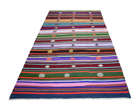 Yeni El Dokuma 7m2 Capcanlı Rengarenk Çubuklu Balıkesir Bukleli Pamuklu Kilim 7803