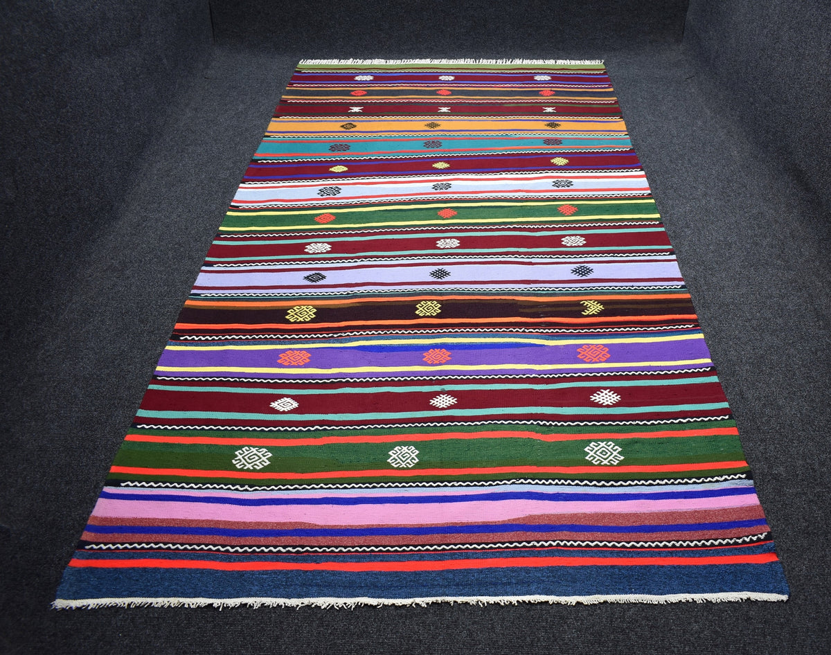 Yeni El Dokuma 7m2 Capcanlı Rengarenk Çubuklu Balıkesir Bukleli Pamuklu Kilim 7803