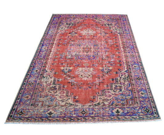 Vintage 5m2 El Dokuma Nadir Göbekli Eskitme Kırmızı Yün Salon Halısı 7810