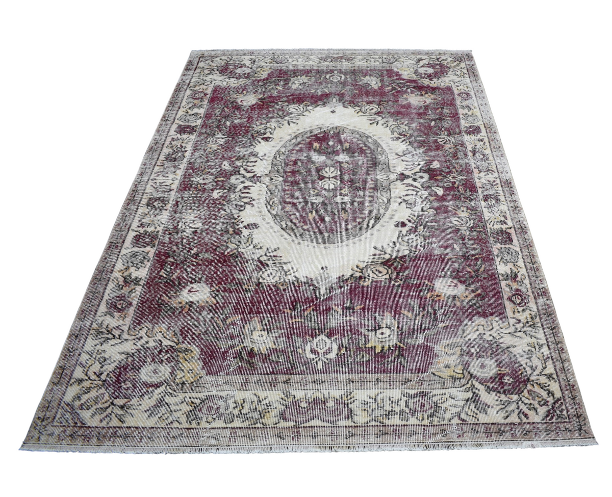 Vintage 5m2 El Dokuma Güllü Çiçekli Sini Göbek Eskitme Yün Halı 7814