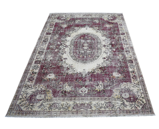 Vintage 5m2 El Dokuma Güllü Çiçekli Sini Göbek Eskitme Yün Halı 7814